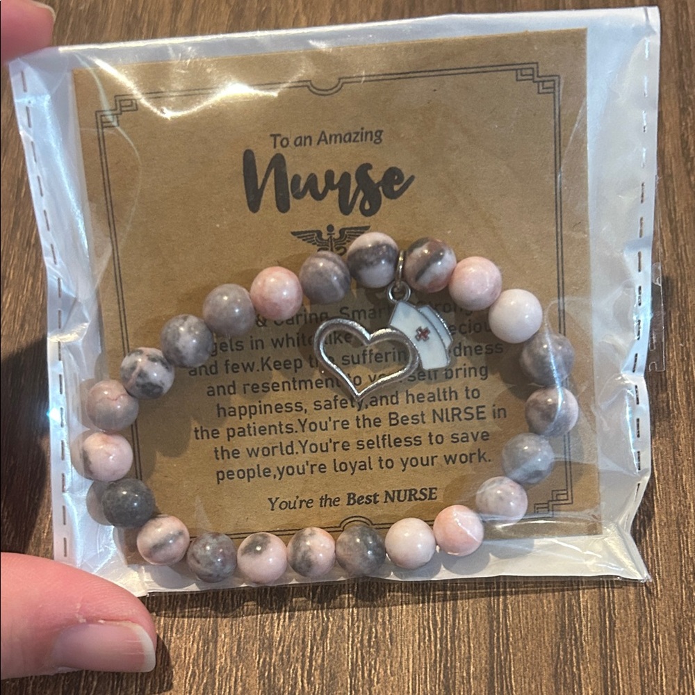 Pink and Gray Beaded Bracelet with Heart Charm